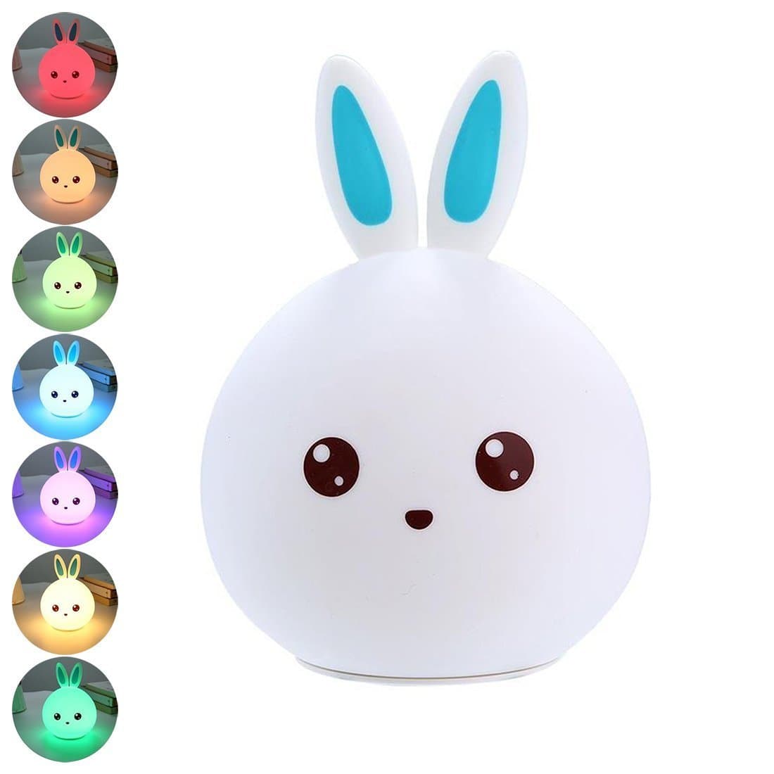 LED Kids Night Light,Silicone Soft Cute Rabbit Night Lamp for Children Color Changes Tap Control 7-Color Breathing/Static Colors 3 Light Modes,USB Rechargeable Toddler Bedside Night Light Unbreakable