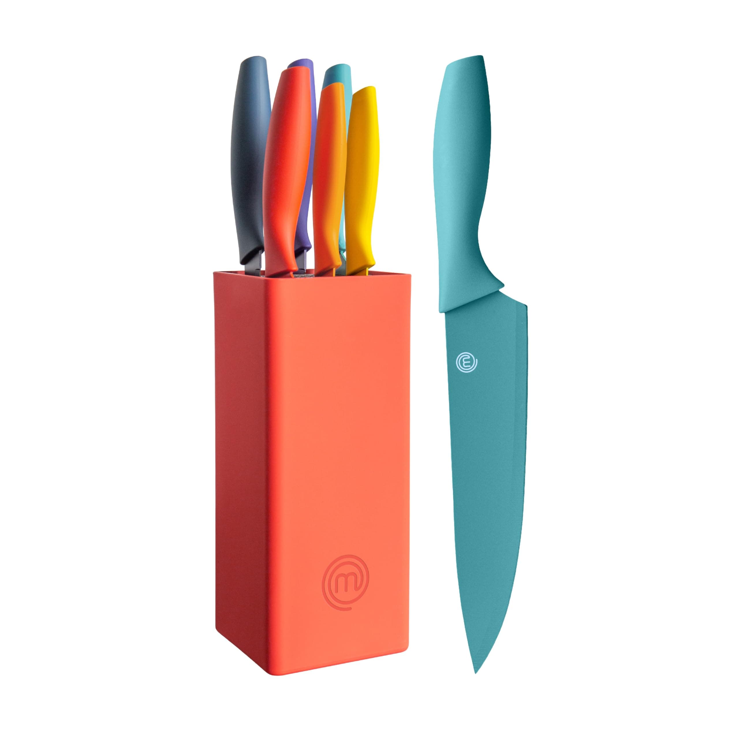 Knife Block Set of 6 Kitchen Knives, Extra Sharp Stainless Steel Blades for Professional Cutting with Non Stick Coating & Soft Touch Easy Grip Handles in a Red Universal Block, Vivid Color