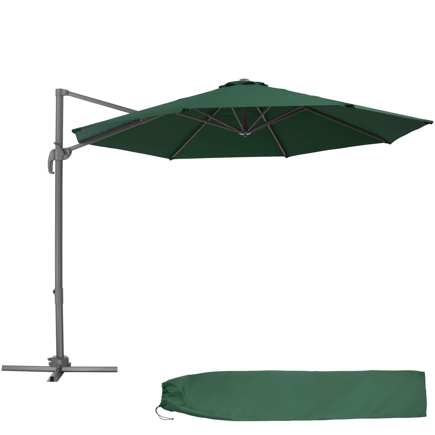tectake® Cantilever Garden Parasol 3m with 50+ UV Protection, Water-Repellent Fabric, 360 Degree Rotation, 6 Tilting Angles, Hand Crank - Sun Umbrella Inc. Protective Cover - for Outdoor Patio - Green