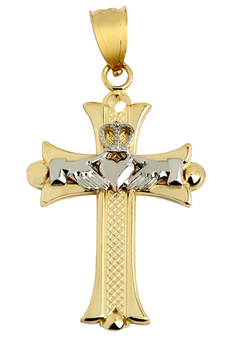 14k Two-Tone Gold Claddagh Cross White and Yellow Gold Pendant