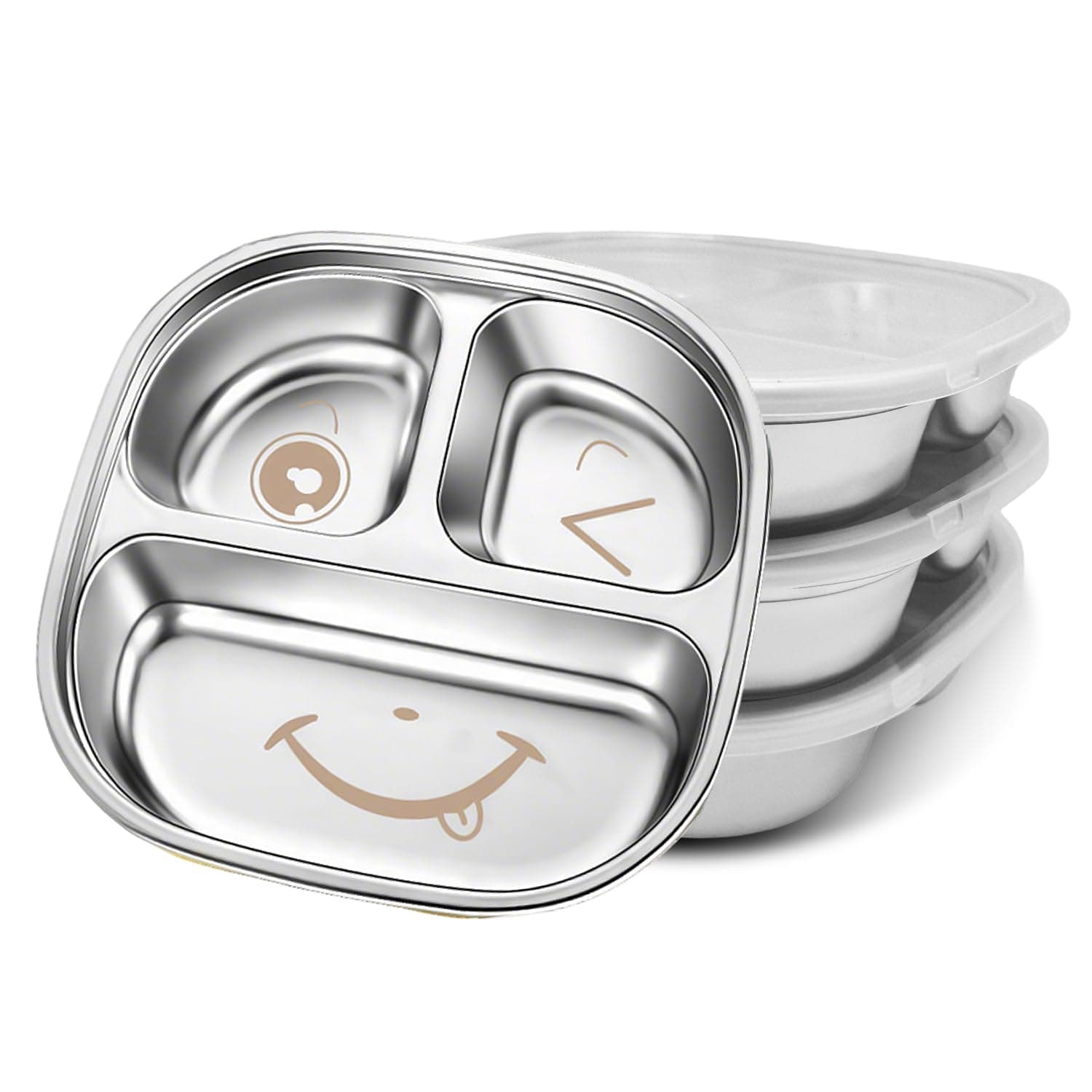 TAOceeXI Stainless Steel Plates for Kids, Non-Toxic and 100% BPA Free, Set of 3 Stainless Steel Plates with Lids