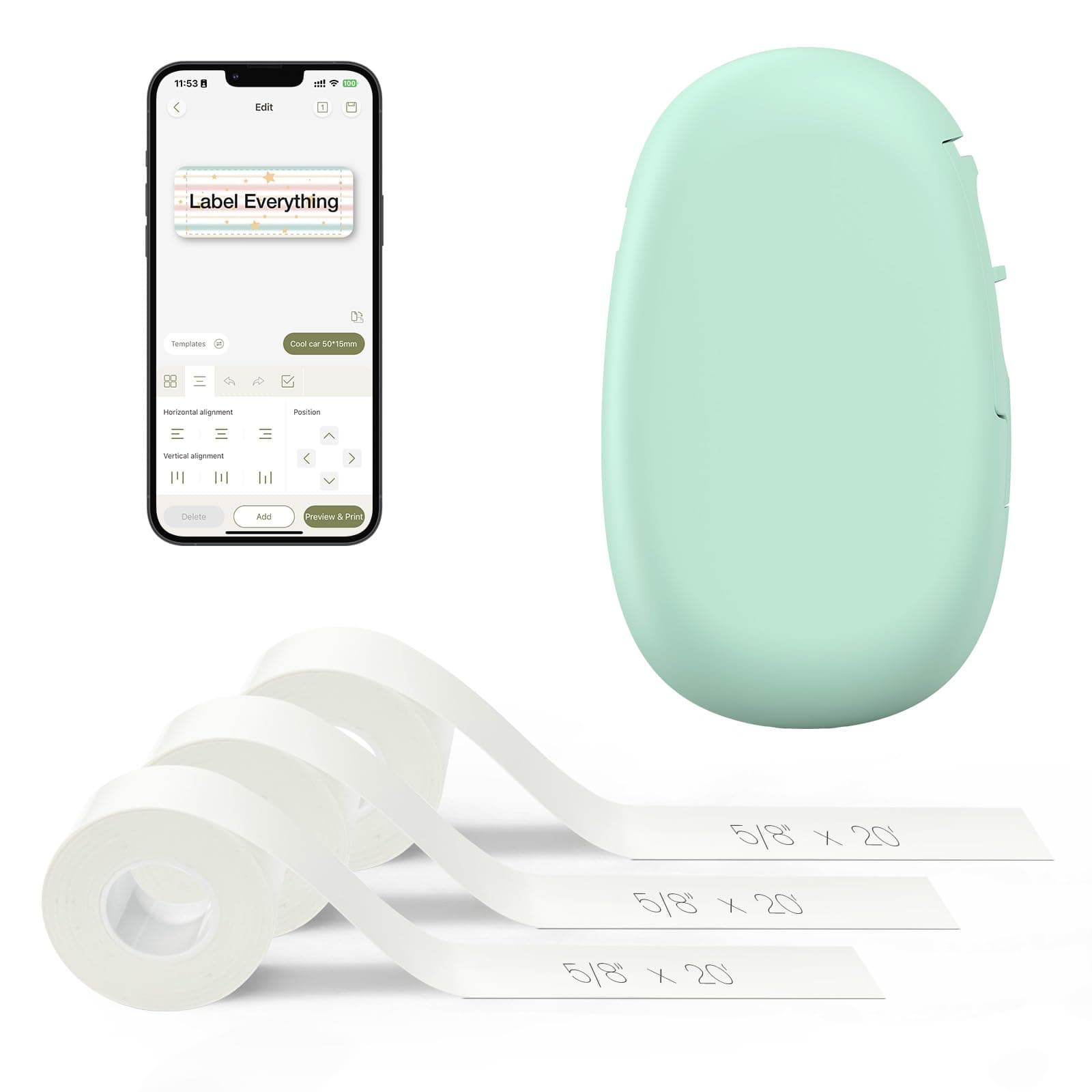 SUPVAN E10 Bluetooth Label Maker Machine with 3 Tapes, Continuous Waterproof Label, Versatile App with 35 Fonts and 1k+ Icons, Inkless Labeler for Home, Kitchen, School, Office Organization, Green