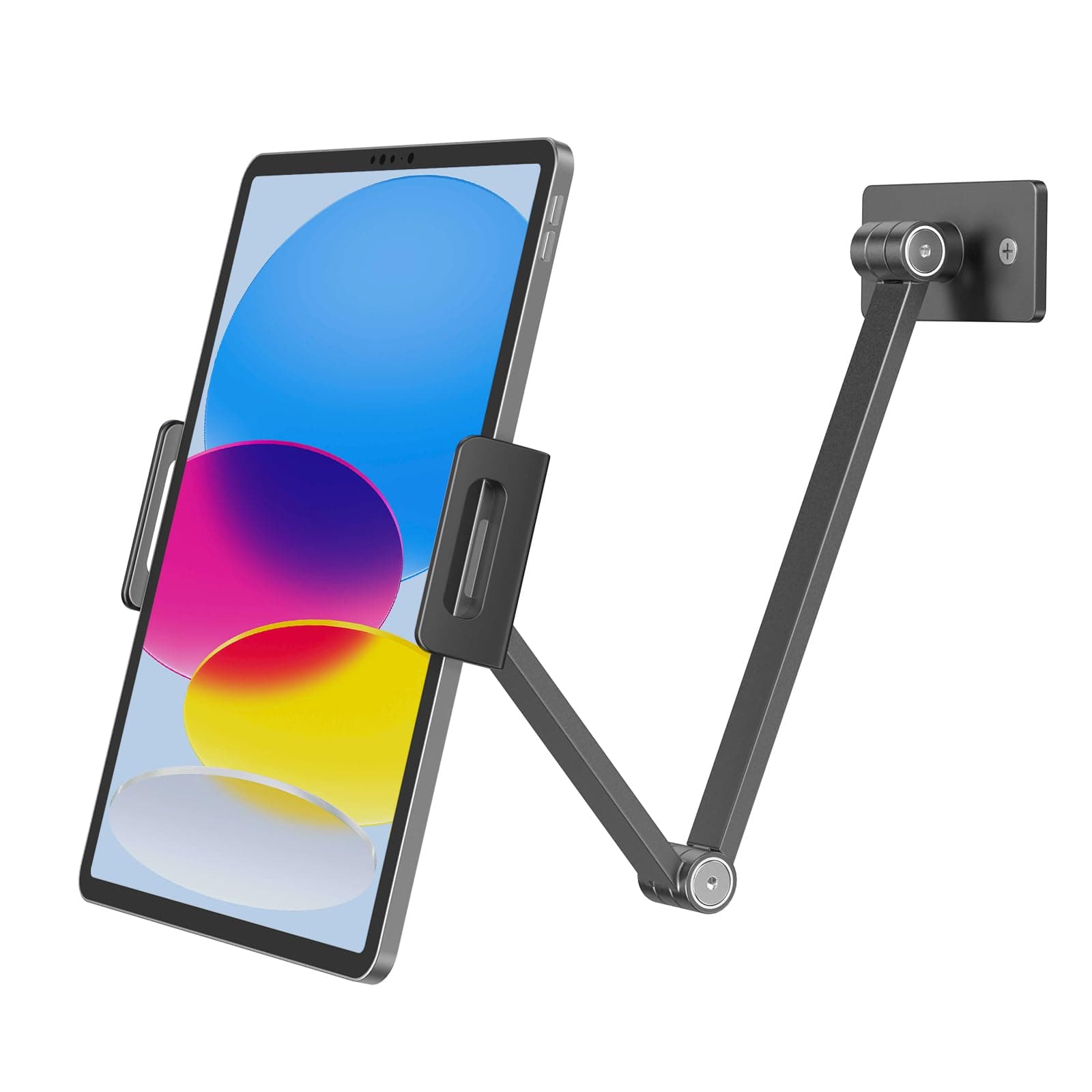BEWISER Tablet Wall Mount Holder,360° Rotating Flexibly, Height and Angle Adjustable, Folding Aluminium Alloy Long Arm Compatible with4.7-12.9" Phone and Tablet in Kitchen or Office (Space Grey)…