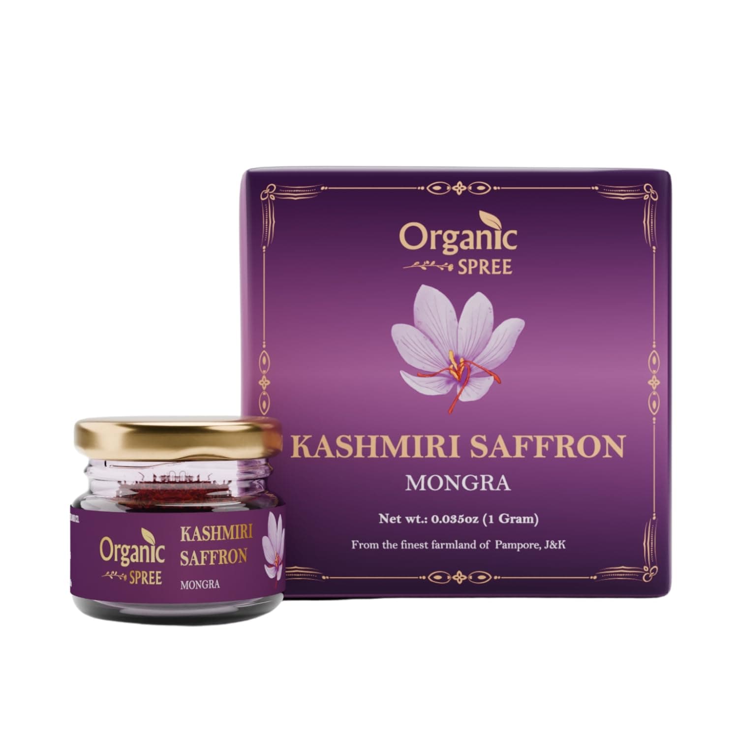 Kashmiri Saffron Kesar 1gm (0.035oz) Threads Pure and Natural l From the finest farmlands of Pampore, J&K l Certified Grade A++ Mongra Saffron
