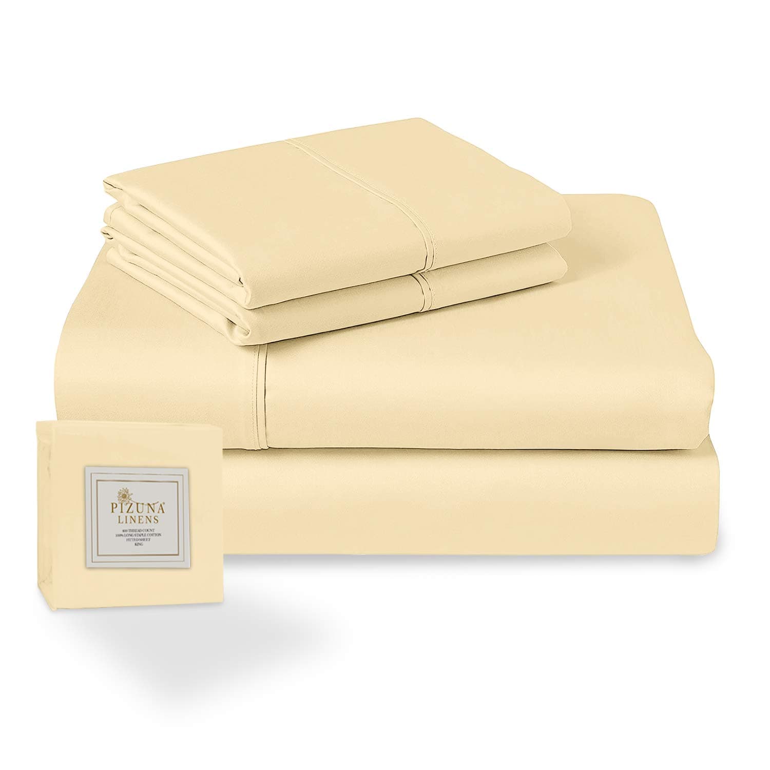 Pizuna 400 Thread Count Cotton 4 Piece Bed Sheet Set Light Yellow, 100% Long Staple Cotton Soft Satin Full Sheet Set- 1 Fitted Sheet, 1 Flat Sheet & 2 Pillow Cases (100% Cotton full Bed Sheet Set)