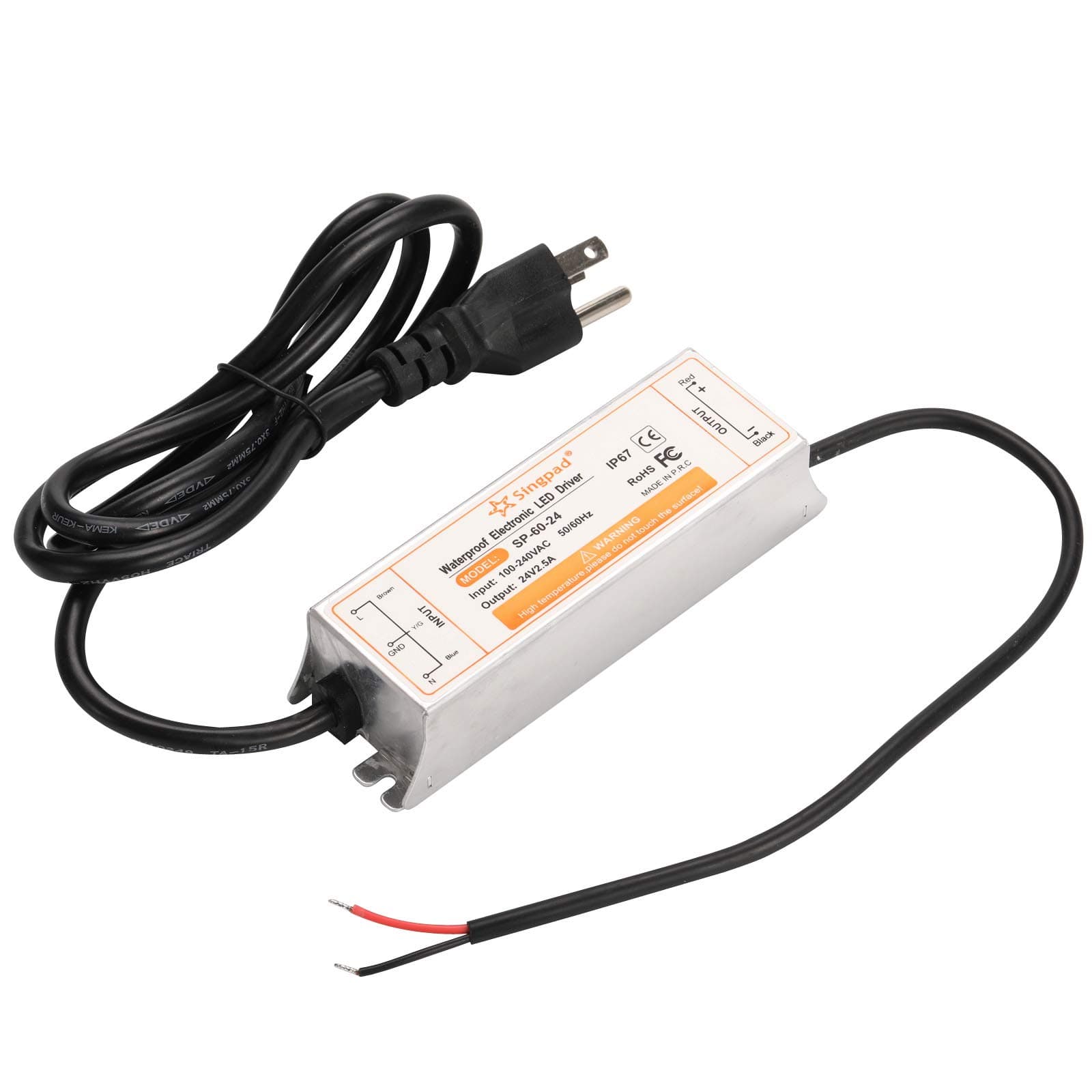 24 Volt DC Waterpoof LED Power Suppply Driver Transformer with 3-Prong Plug, 60Watt IP67 Driver for Outdoor Use