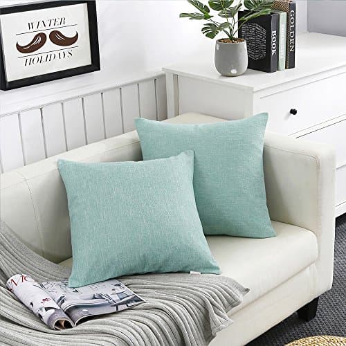 FANCY QUEEN Throw Pillow Covers Cotton Linen Soft Pillowcase Couch Cover Square Decor Toss Cushion Covers Solid for Home Sofa Bedding Light Green 22" X 22" 55cmX55cm Pack of 2