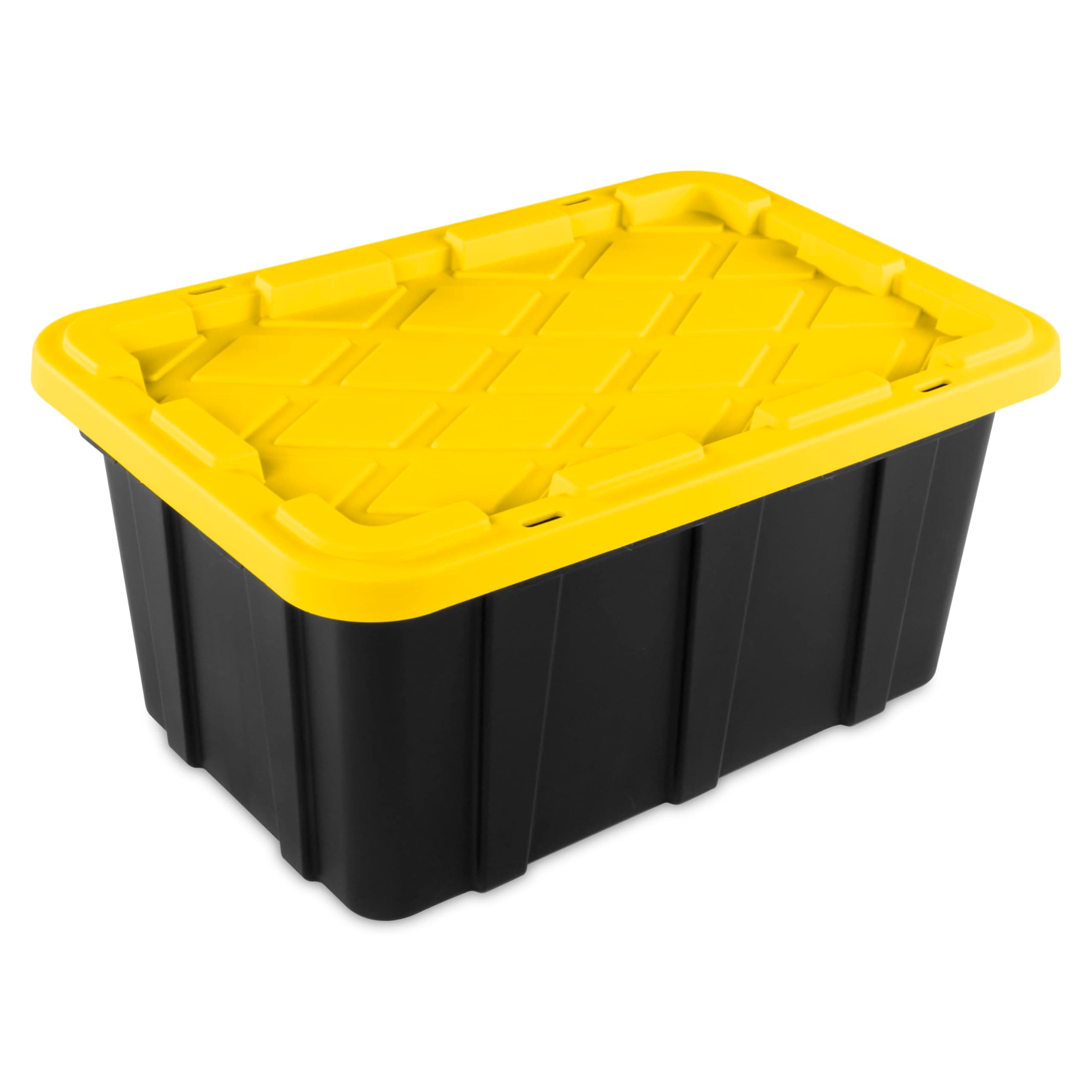 Sterilite 17 Gal Industrial Tote, Stackable Storage Bin with Snap-Fit Lid for Garage, Basement & Attic Storage, Black Base and Yellow Lily Lid, 6-Pack