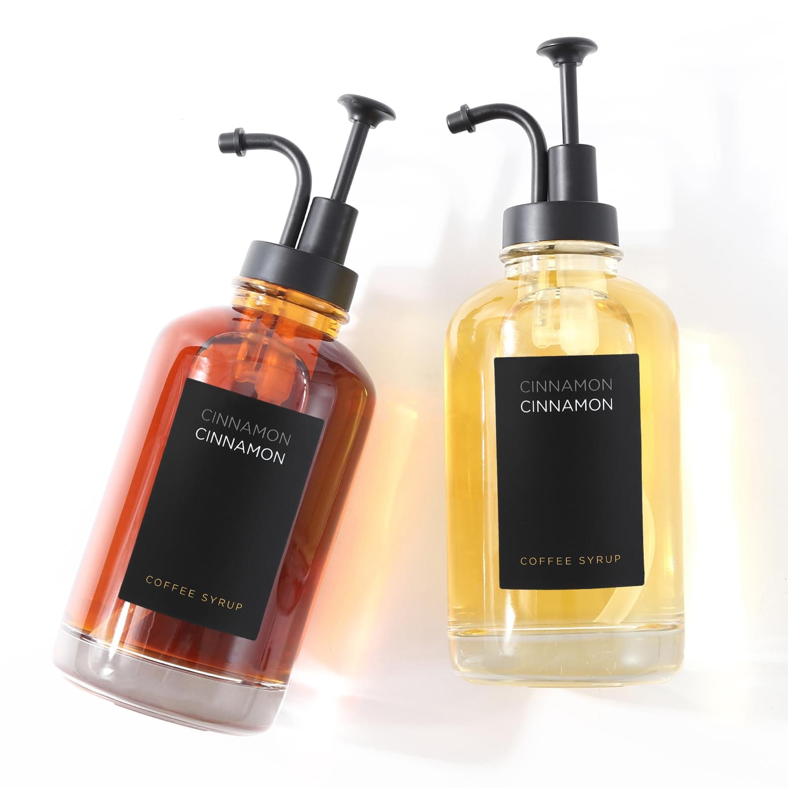 2 Coffee Syrup Dispenser With 18 Labels, Black Pump Bottles For Bar, Minimalist Glass Bottle, Simple Maple/Coffee W. Labels,16.9 Oz 500 Ml