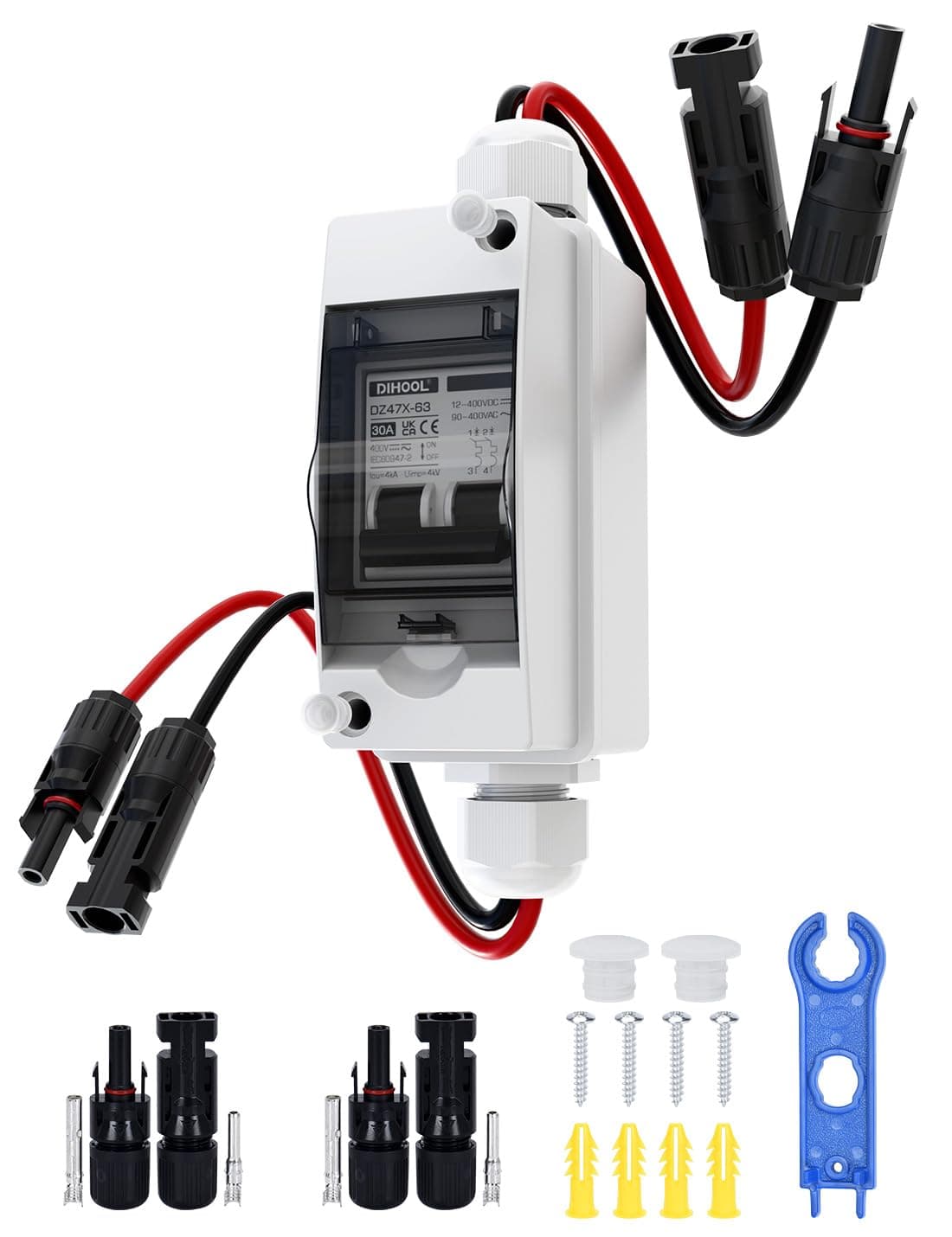 DIHOOL Solar Panel Disconnect Switch, Non Polarized DC Circuit Breaker, 30 Amp, 2 Pole, 12V-400V, AC Disconnect Box Outdoor, Battery Cutoff Isolator