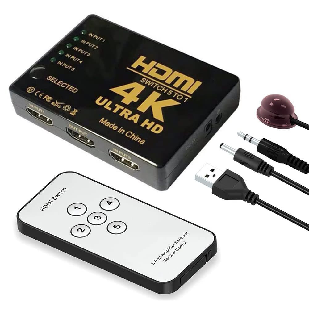 4K HDMI Switch 5 Port Video Switcher Supports 3D Full 1080P Ultra HD HDMI Splitter with IR Remote