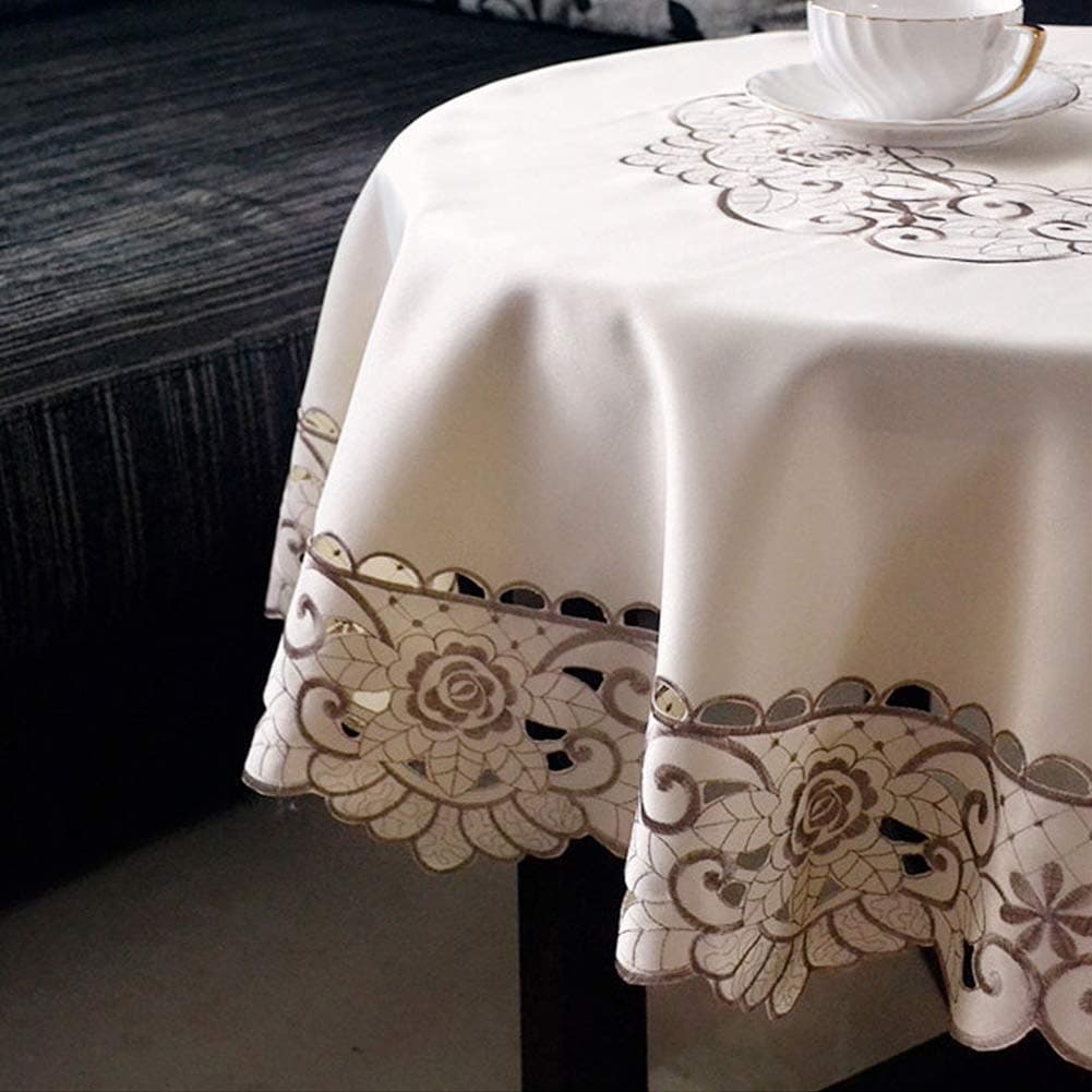 AMZALI Round Table Cloth Flower Lace Tablecloth Wrinkle Free & Stain Resistant Fabric Tablecloths Table Cover for Kitchen Dinner Outdoor and Indoor (Round 90 inch)