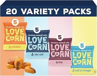 - LOVE CORN Family Favorite Sea Salt, BBQ, Salt & Vinegar, Cheddar | Delicious Crunchy Corn Snacks | .07oz x 20 Gluten Free, Vegan Bags | Convenient for Lunch Boxes, Commuting & Office Snacks