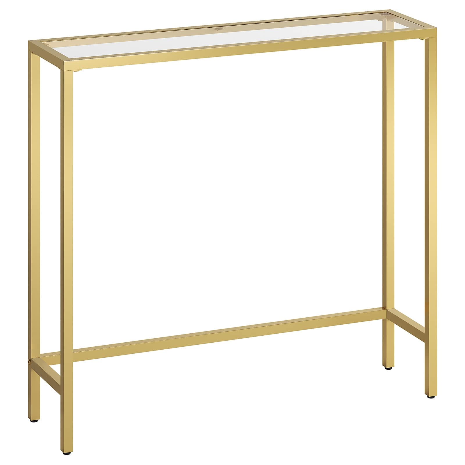 HOOBRO Console Table, Tempered Glass Sofa Table, Gold Slim Hallway Table, 75 x 22 x 80 cm, for Living Room, Entryway, Hallway, Metal Frame, Sturdy, Gold EGD07XG01