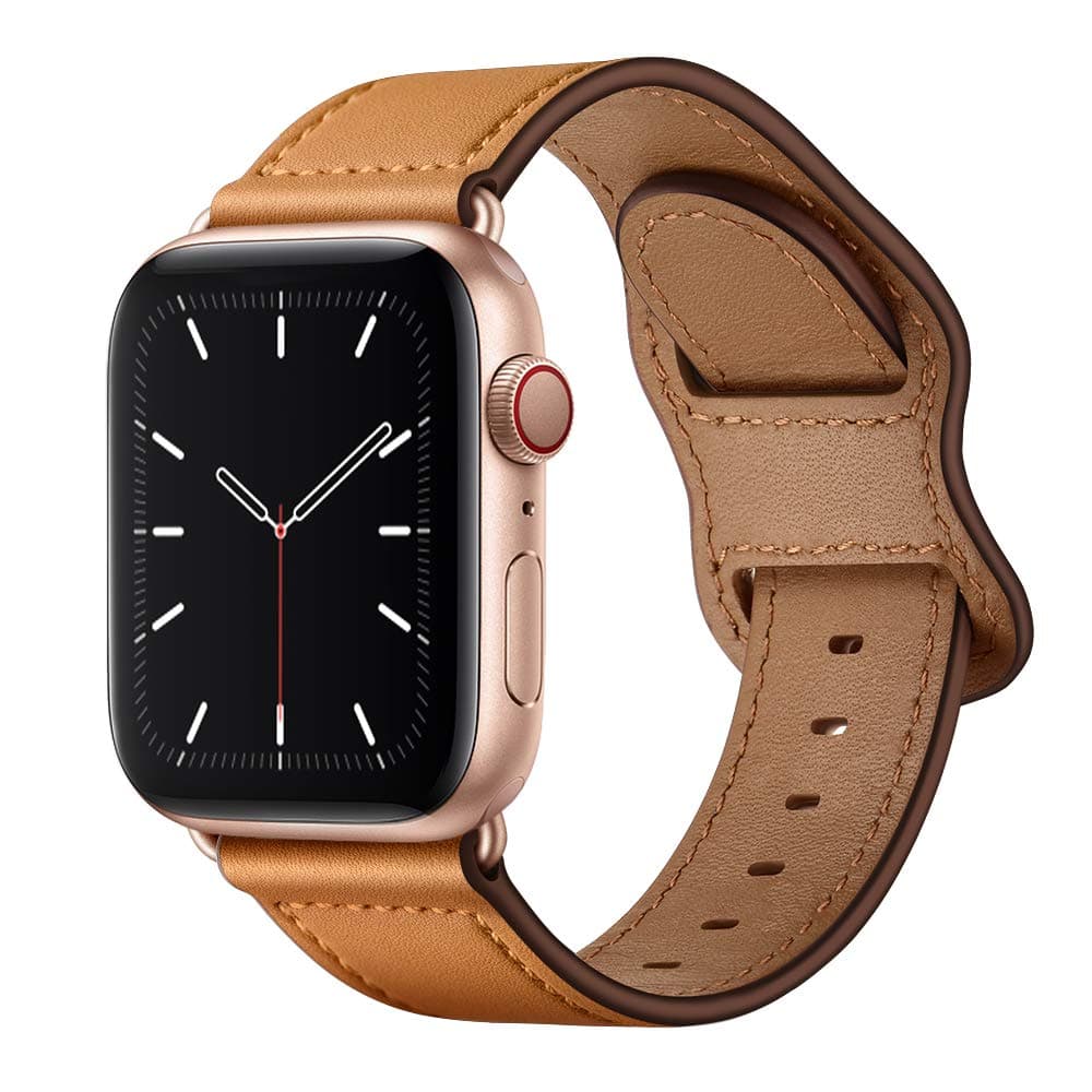 KYISGOS Compatible with iWatch Band 41mm 40mm 38mm, Genuine Leather Replacement Band Strap Compatible with Apple Watch SE Series 7 6 5 4 3 2 1 (Camel Brown/Rose Gold, 41mm/40mm/38mm)