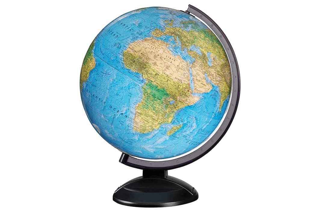 Ready to Assemble World 12" Diameter Globe, USA Cartography, Modern Acrylic Stand and Blue Ocean. Easy to assemble globe that shows Political borders and provincial borders, major ocean currents, detailed lakes, rivers, tributaries and canals.