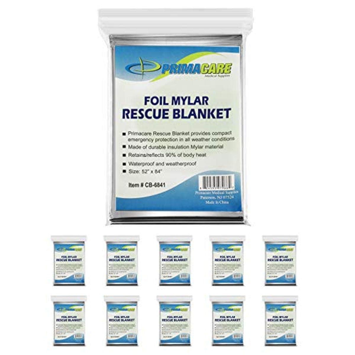 Primacare HB-10 Emergency Foil Mylar Thermal Blanket, 52" Length x 84" Width (Pack of 10)