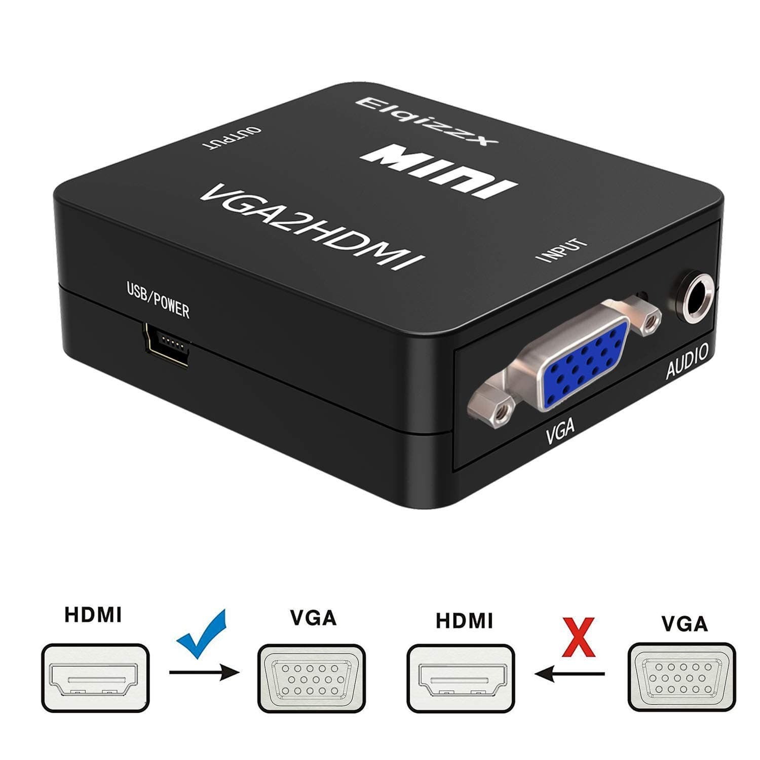 VGA to HDMI, Elqizzx Full HD 1080P Mini VGA to HDMI Audio Video Converter Adapter with USB Cable and 3.5mm Audio Jack for Graphics Card/Laptop/PC to HDTV,Monitor,Projector with HDMI Port