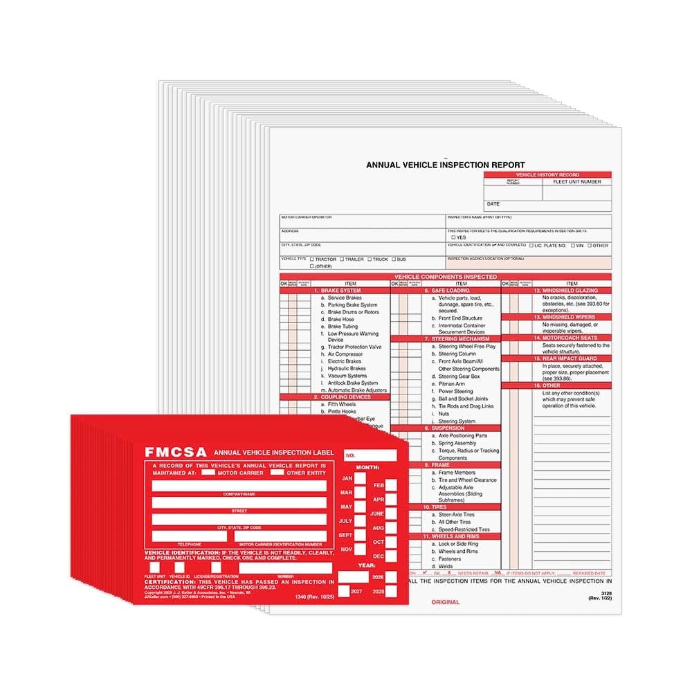 Annual Vehicle Inspection Report Form 25-pk. (Snap-Out Format, 3-Ply Carbonless, 8.5" x 11.75") + Label with Punch Boxes 25-pk. (Aluminum, Permanent Adhesive, 6" x 3.5") - J. J. Keller & Associates