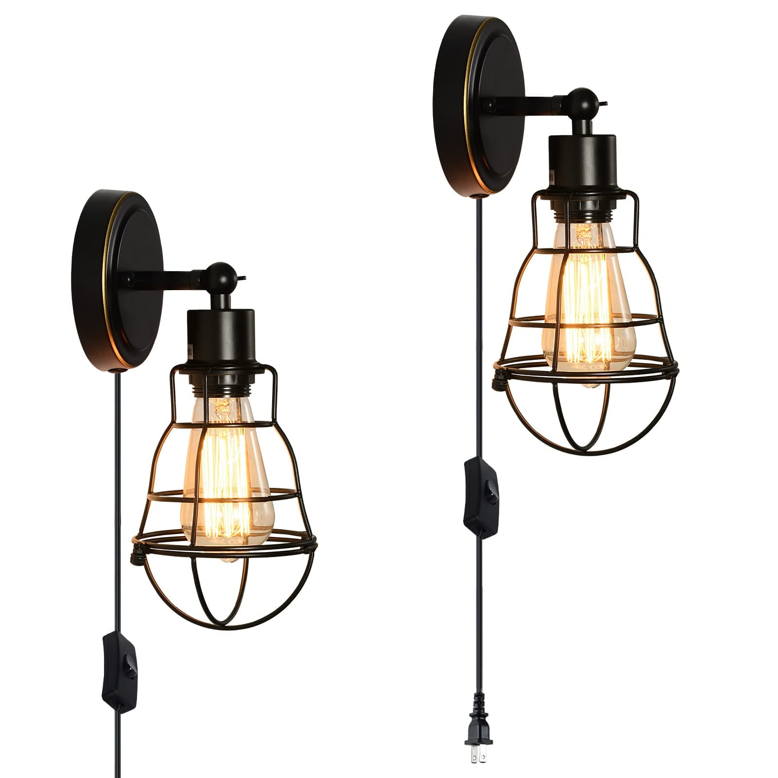 Creatgeek Industrial Wire Cage Rustic Wall Sconce,Plug-in or Hard Wire Vintage Wall Light for Headboard Bedroom Nightstand, Porch or Bathroom-Edison E26 Base Lighting Fixtures,Set of 2