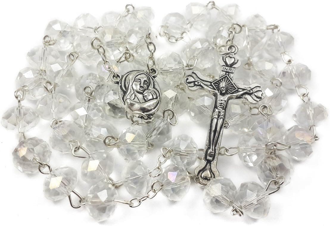 Nazareth Store White Clear Crystal Beads Rosary Prayer Beaded Necklace with Holy Soil Medal and Jesus Cross Communion Rosary