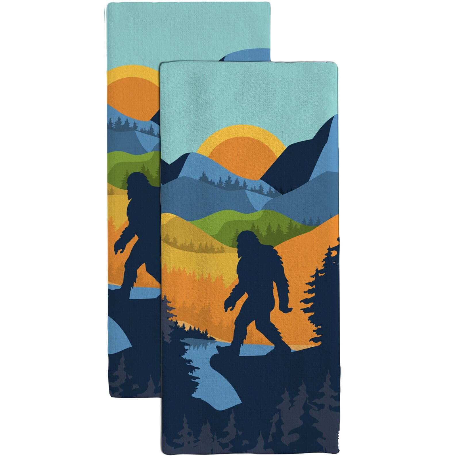 Set 2 Bigfoot Sasquatch Mountain Woods Cabin Cotton Kitchen Towel Camping