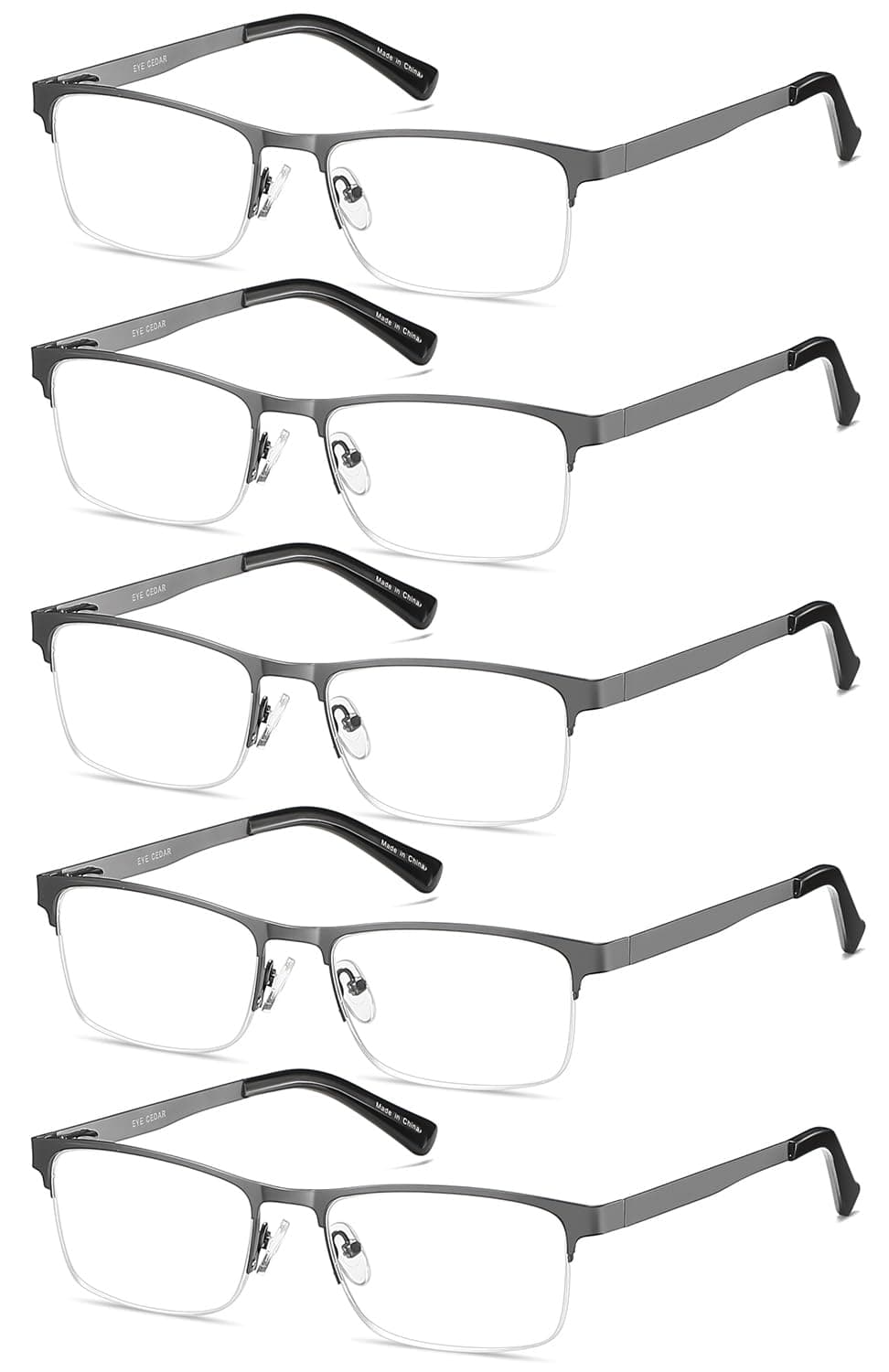EYECEDAR 5-Pack Reading Glasses for Men Metal Gunmetal Half Frame Spring Hinges Eyeglasses Readers 1.50