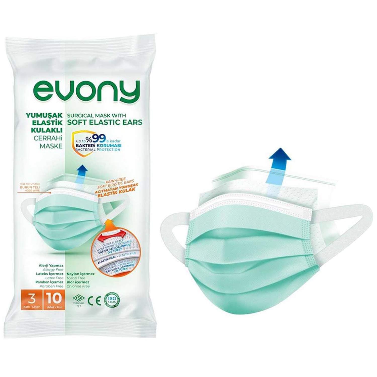 99% Protection, Pain-Free Soft Elastic Ears for Everyone, Cottony Soft Outer Surface, Elastic Film and Nose Wire - 3 Layer and 10 Pack