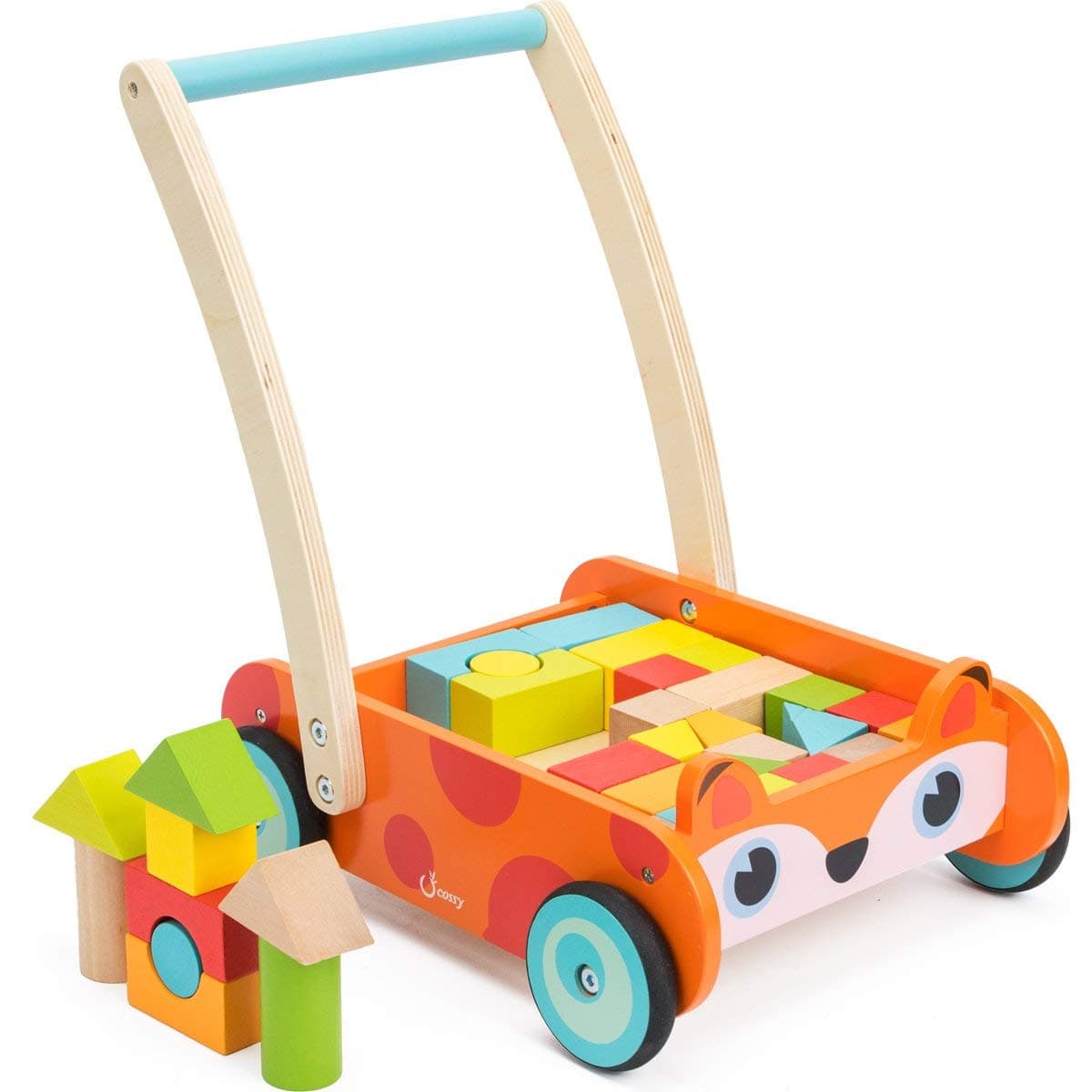Wooden Baby Learning Walker Toddler Toys for 1 Year Old and up, Fox Blocks and Roll Cart Push Toy (35 pcs)Updated Version