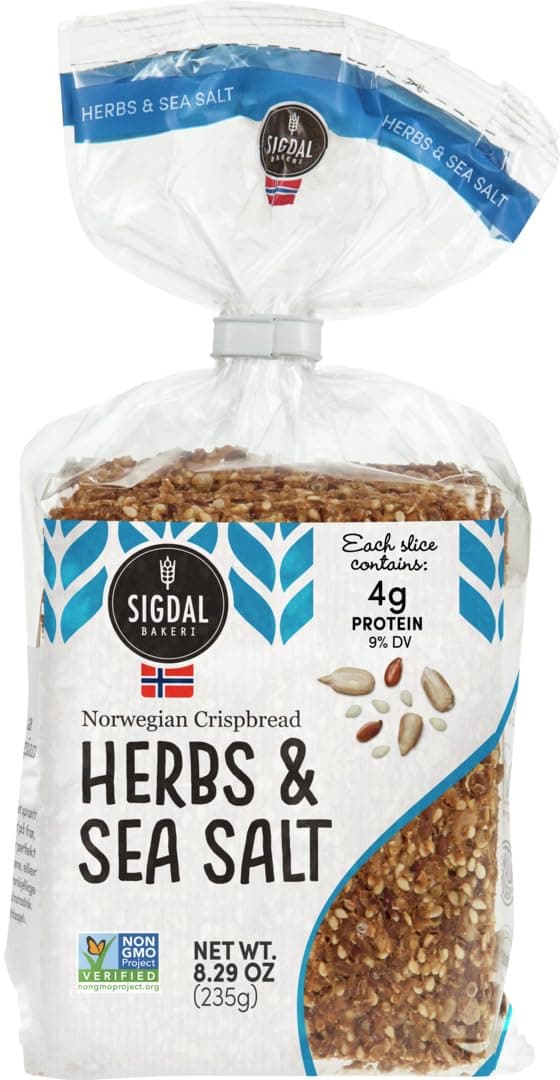 Sigdal Bakeri Herbs & Sea Salt Norwegian Wholegrain Crispbread | All Natural Non-GMO, 8.29 oz (235g) (Pack of 2)