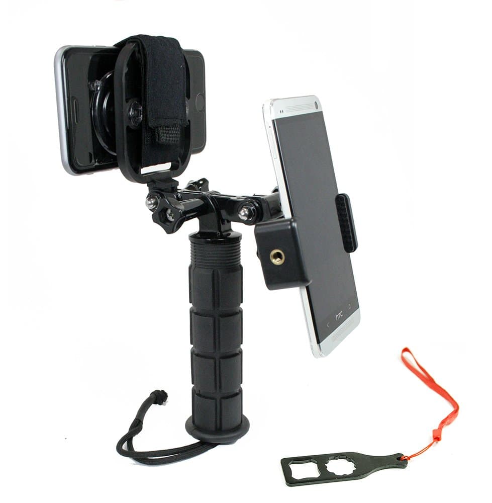 Action Mount - Dual Device Hand Grip Setup for Video Recording with 2 Phones, 2 Sport Cameras, or Point-and-Shoot Camera. Any Device, Multiple Orientations. (2 Device Hand Grip)