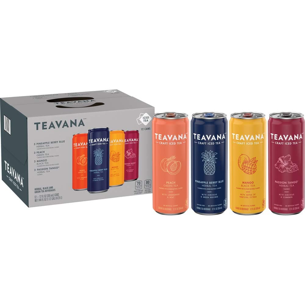 Teavana Craft Variety Pack Iced Natural Tea with Pineapple Berry Blue, Peach Green, Mango Black, Passion Tango Flavors 12 Fl. Oz. Cans (Pack of 12)