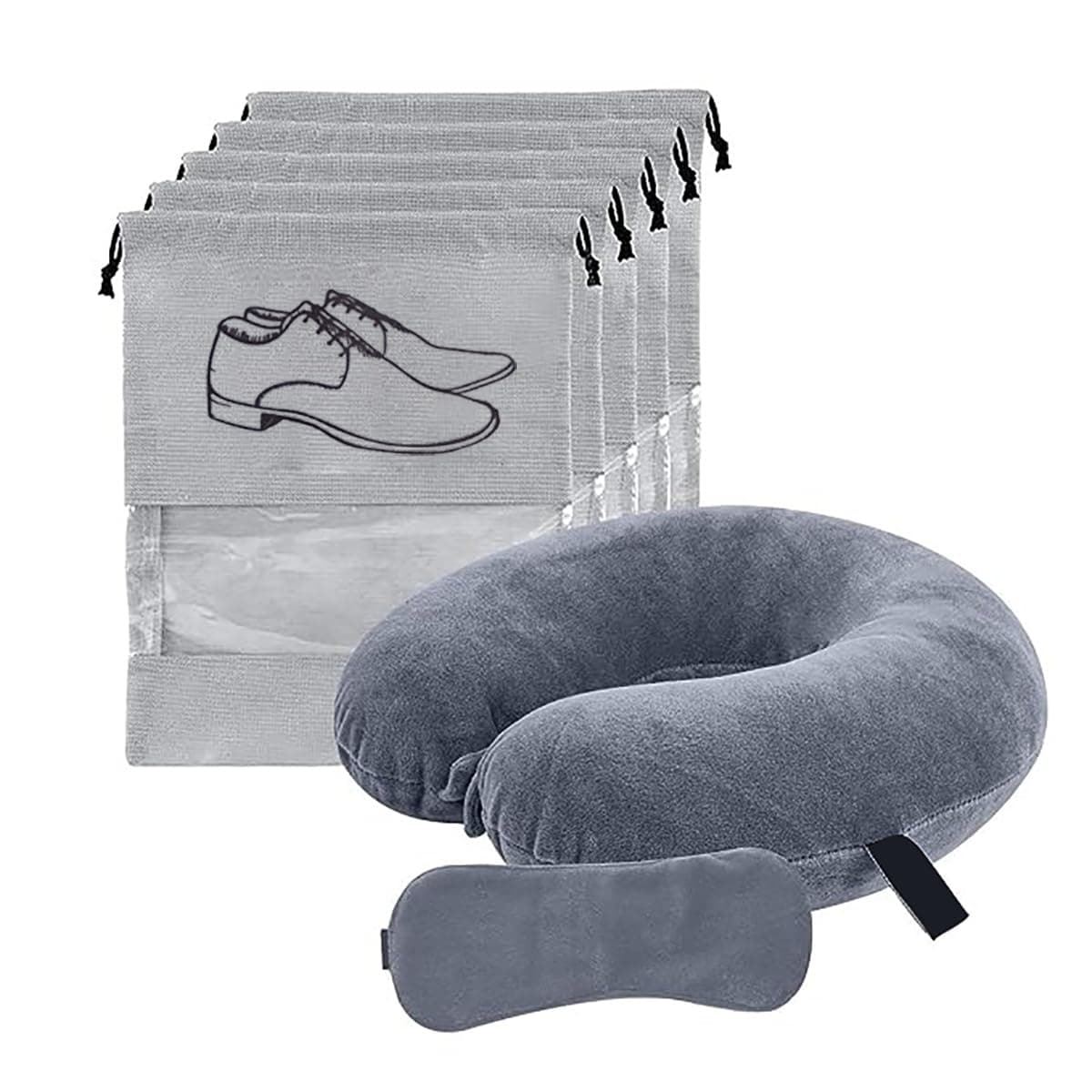 BigPlayer Travel Comfort Kit with Neck Pillow Eye Mask and Shoe Covers – Soft Air Pillow for Sleeping Pain Relief on Flights Car Rides Train Travel, Multicolor, Standard, Modern