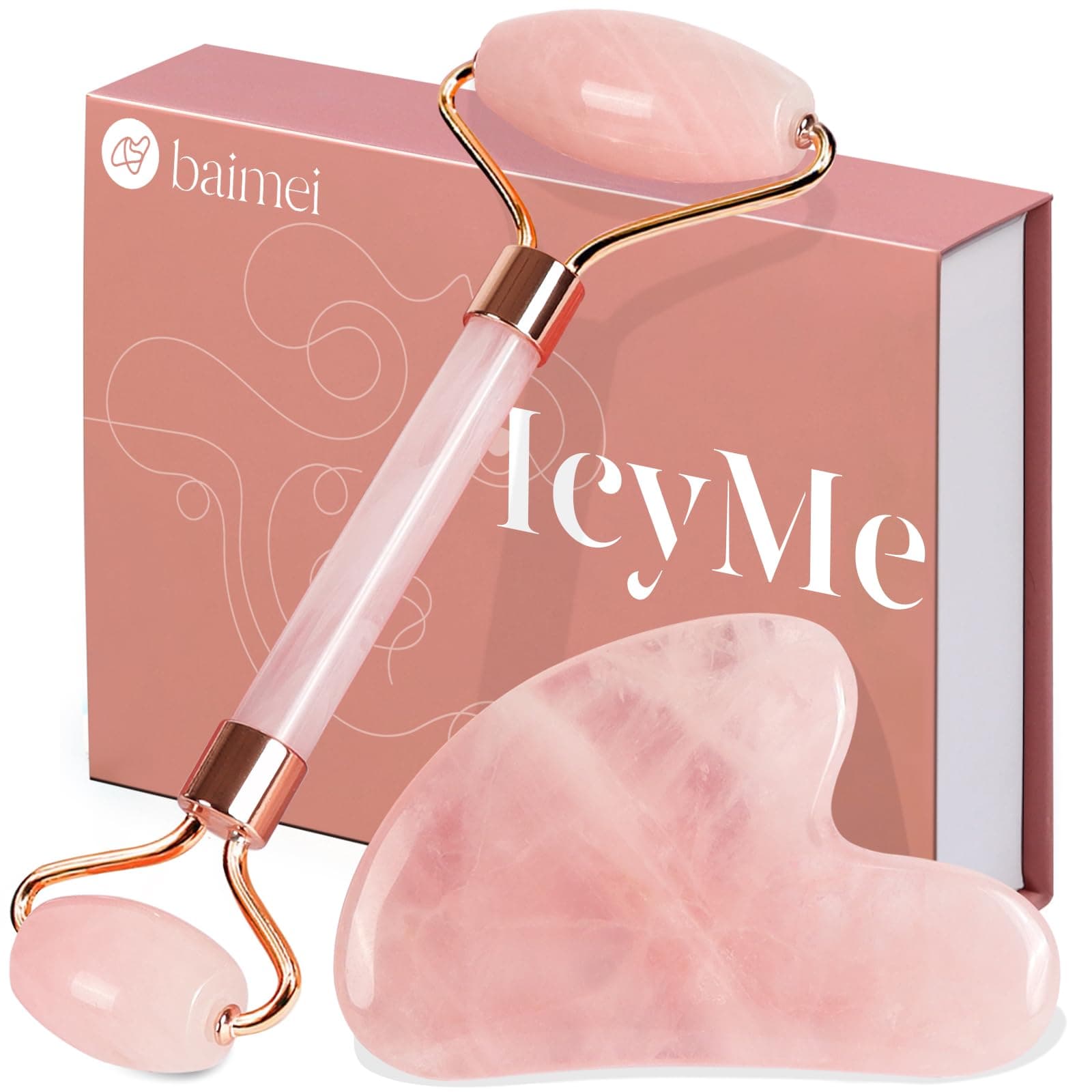 Jade Roller & Gua Sha, Face Roller, Facial Beauty Roller Skin Care Tools, BAIMEI Rose Quartz Massager for Face, Eyes, Neck, Body Muscle Relaxing and Relieve Fine Lines and Wrinkles