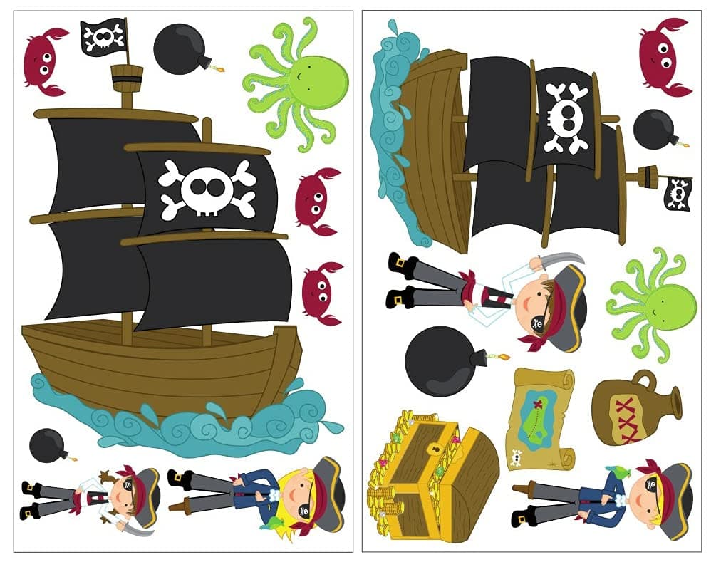 Samunshi® 19-Piece Pirate Set with Pirate Ship / Treasure MAP Wall Sticker 2x 16x26cm