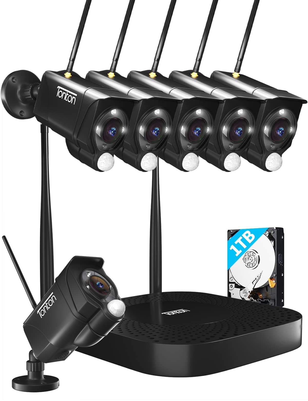 [Dual WiFi, PIR Sensor] Tonton 5MP Wireless Security Camera System,10CH NVR with 1TB Hard Drive,6PCS 3MP Outdoor WiFi Cameras,12V DC Powered,2 Way Audio,Spotlight,AI Human Detection,Work with Alexa