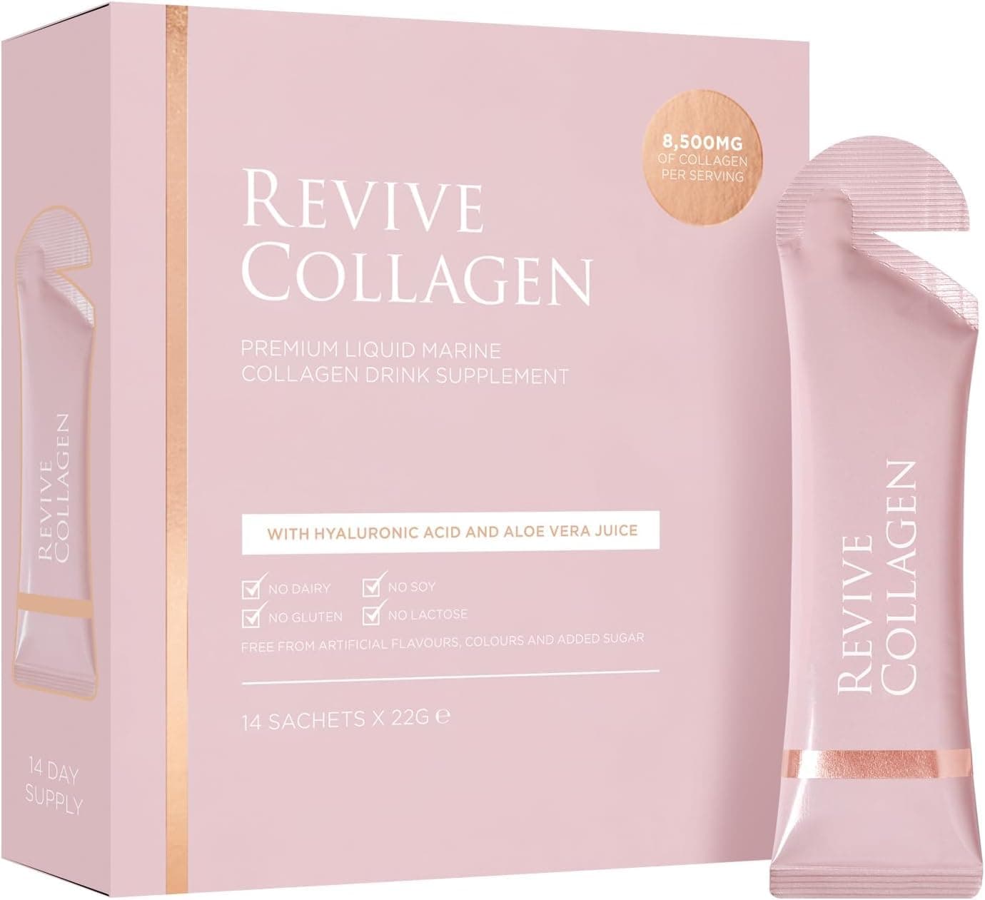Revive Collagen Premium — Hydrolyzed Marine Collagen Drink for Women, 8,500MG, with Hyaluronic Acid, Aloe Vera Juice, Revive Skin Health, Hydration, Hair & Skin, Lemon & Lime Flavour — 14 Sachets