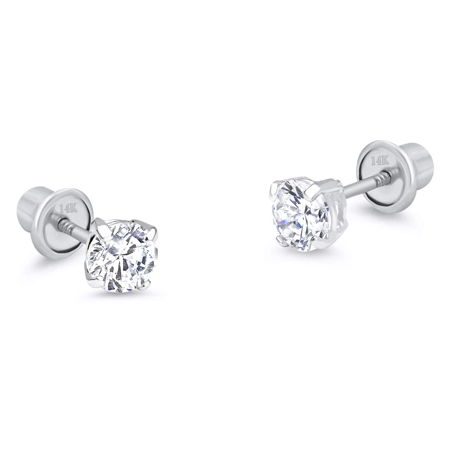 14k White Gold 2-6mm Basket Round Solitaire Cubic Zirconia Children Screw Back Baby Girls Earrings