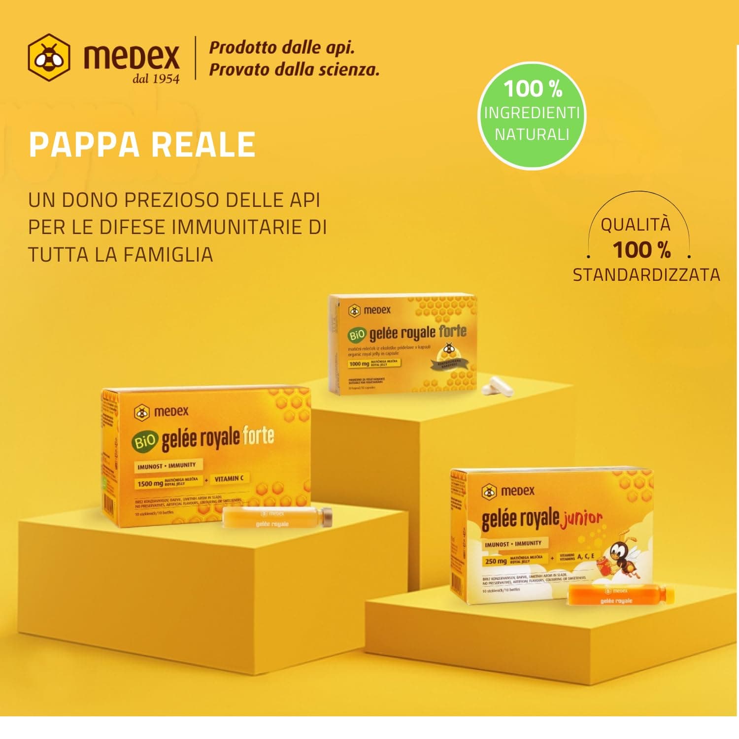 Medex Gelée Royale Junior, Fresh 250 mg Royal Jelly, with Natural Vitamins A, C, E, Excellent Taste, No Sweeteners, Easy to Open, Children 3+, Liquid in Phials 10x9 ml
