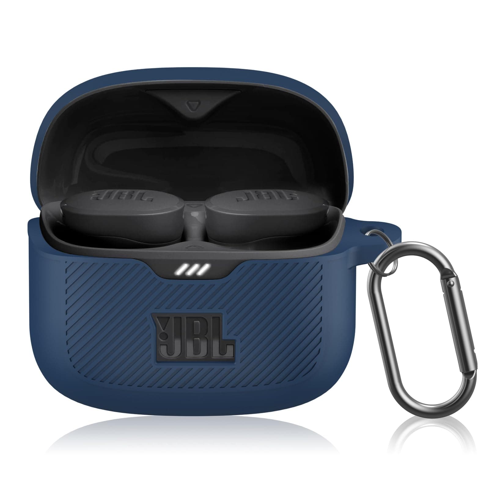 for JBL Tune Buds Case Cover, Soft Silicone Protective Earbuds Case Front LED Visible, Only Compatible with JBL Tune Buds, Headphones Case with Carabiner Accessories Set(Blue)