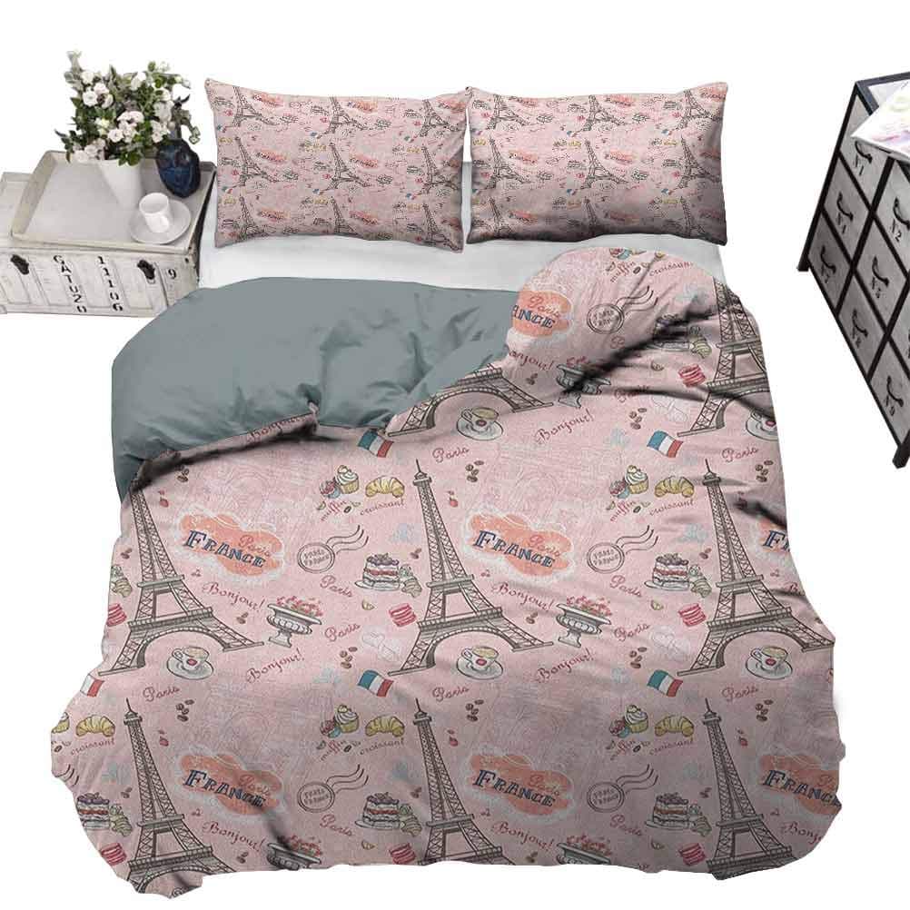 Kids Duvet Cover Set Paris Toddler Bedding Sets Romantic Elements from the Capital City of the France Croissant Muffin Macaroon Paris Decorative 3 Piece Bedding Set with 2 Pillow Shams, Twin Size