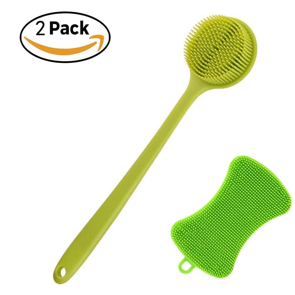YAPROMO Long Handle Double Sided Shower Scrubber Silicone Back Soft Bath Brush