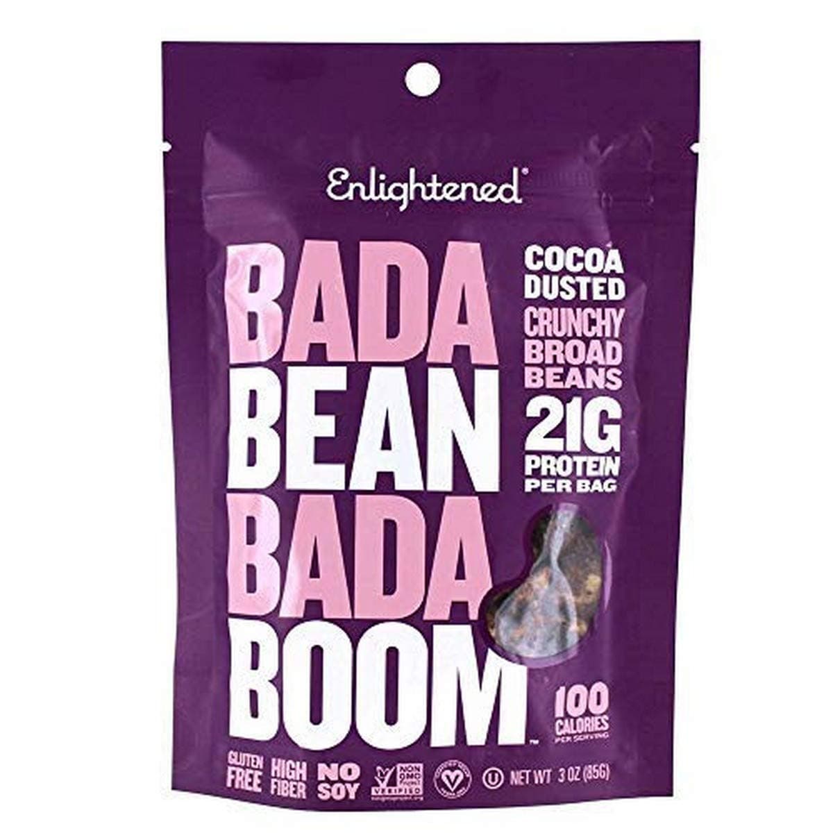 Bada Bean Bada Boom - Plant-Based Protein, Gluten Free, Vegan, Crunchy Roasted Broad (Fava) Bean Snacks, 100 Calories per Serving, Cocoa Dusted, 3 Ounce (Single Bag)