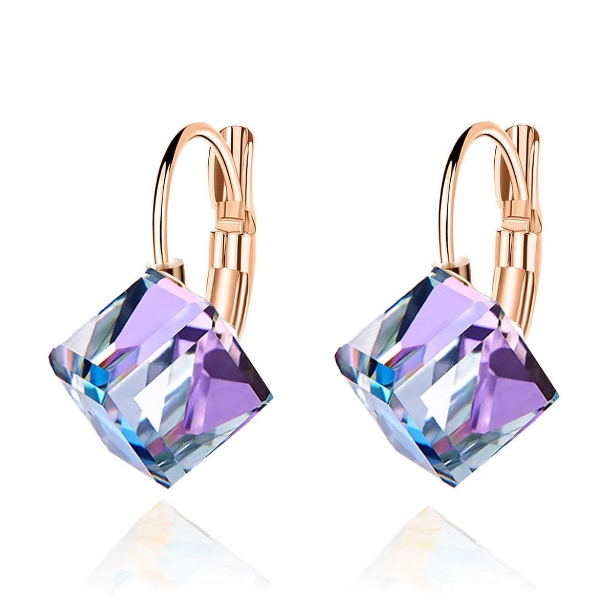 Cube Swarovski Crystal Leverback Drop Earrings for Women 14K Rose Gold Plated Hypoallergenic Jewelry
