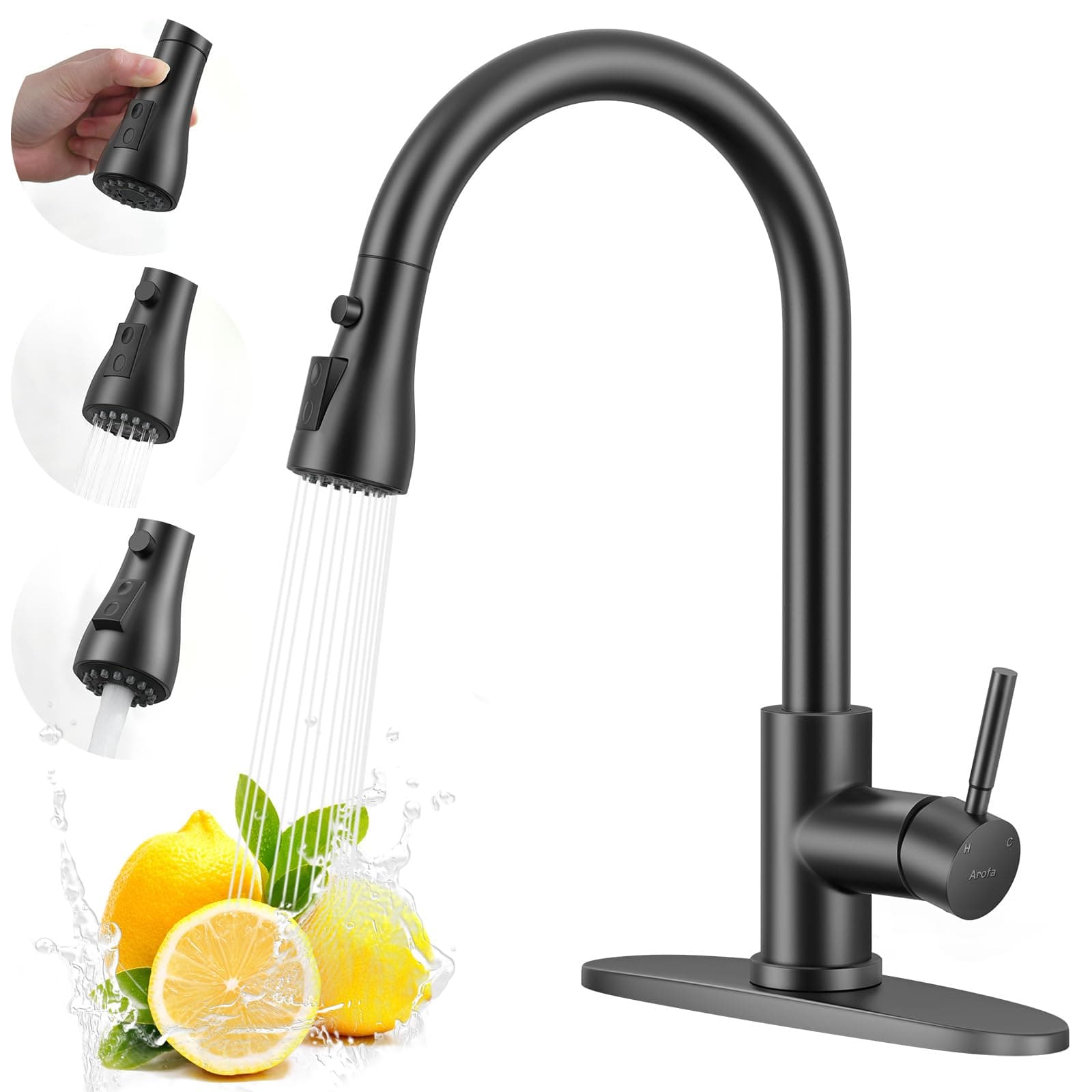 Arofa Pull Down Kitchen Sink Faucet - A02BY Contemporary Matte Black Single Handle Gooseneck Stainless Steel Pull Out Kitchen Faucet with Sprayer