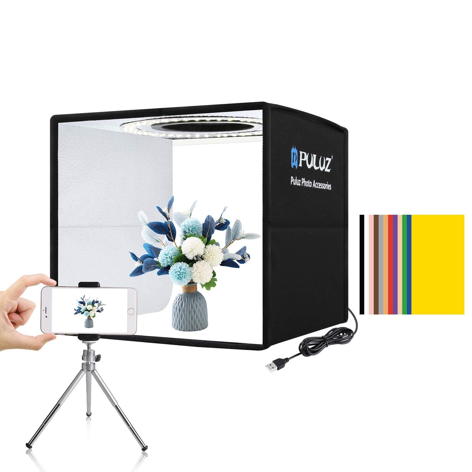 PULUZ Mini Photo Studio Light Box, Photo Shooting Tent kit, Portable Folding Photography Light Tent with CRI >95 104pcs LED Light & 6 Kinds Double-Sided Color Backgrounds for Small Size Products