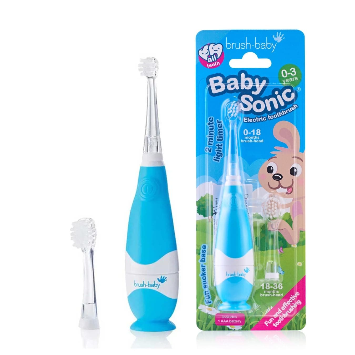 Brush Baby BabySonic Infant, Toddler Electric Toothbrush, Ages 0-3 Years - LED Timer and Gentle Vibration (Blue)