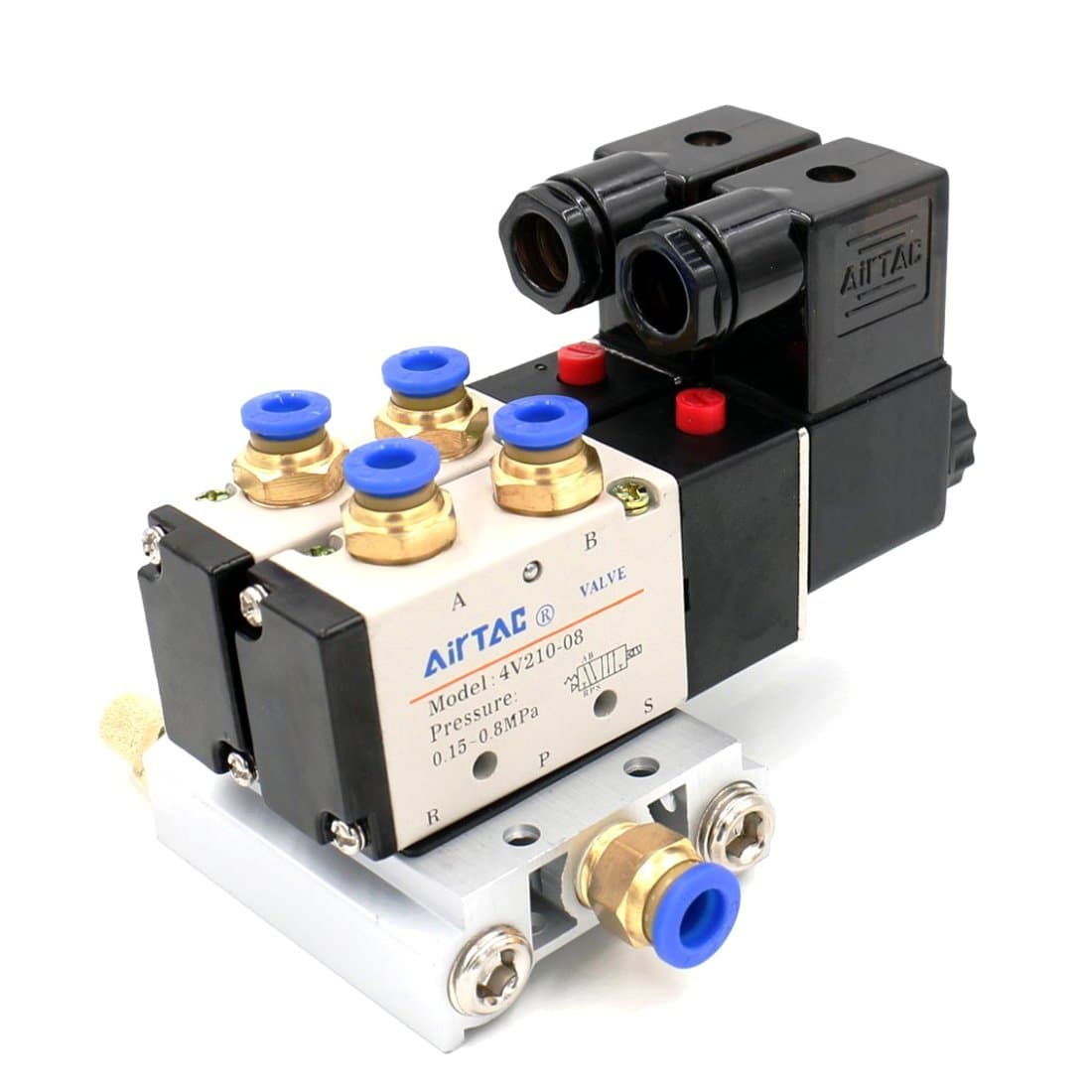 Woljay Pneumatic Solenoid Valve PT 1/4" Air Valve 4V210-08 AC 110V 5 Way 2 Position Base Quick Fittings Muffler Set