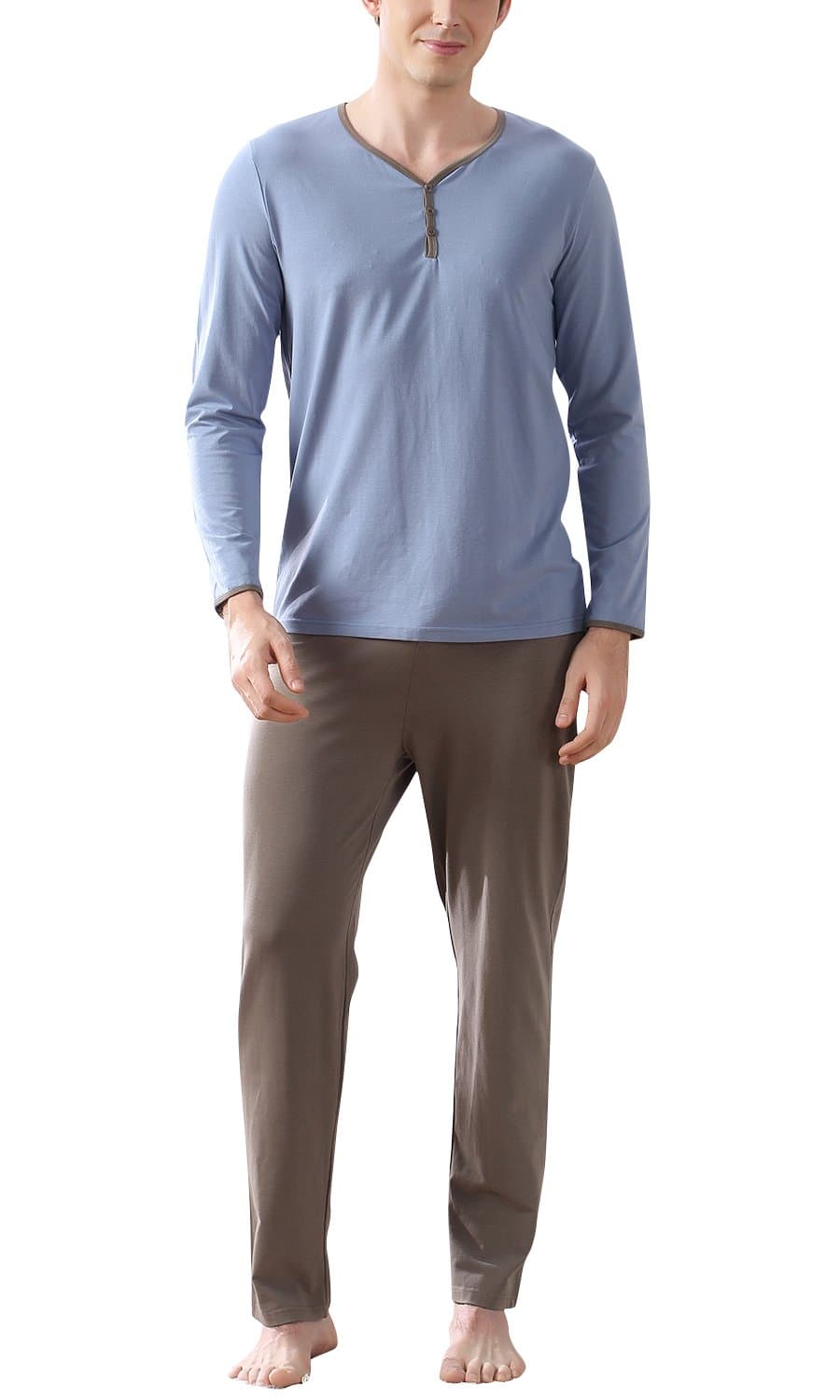 Dolamen Mens Pyjamas Set Modal Cotton, Mens Soft & Smooth Pyjamas Nightwear, Long Sleeve and Pyjamas Bottoms V Neck with Pocket, for Homewear, Sleeping and Leisure Time