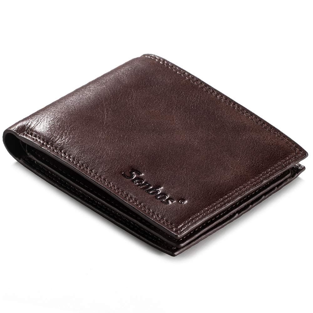 Senbos Men's Wallet Genuine Leather Slim RFID Blocking Bifold Wallet with 12 Credit Card Slots(ID Window) and 2 Banknote Compartments, Wallet for Men with Black Gift Box